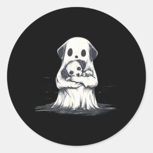 Sticker Rond Fantôme tenant un chiot Costume drôle d'Halloween
