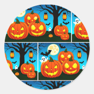 Sticker Rond Fantômes d'Halloween, Citrouilles, chauves-souris