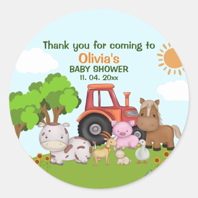 Sticker Rond Farm Barnyard Baby Shower (Devant)