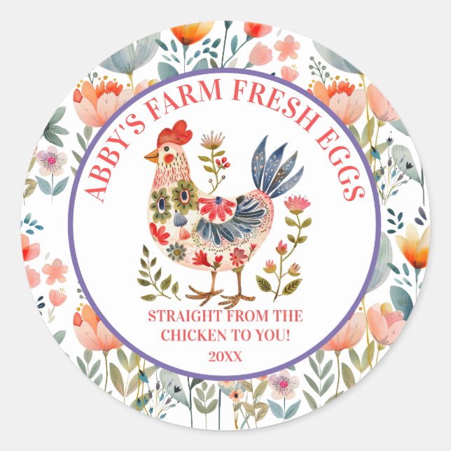 Sticker Rond Farm Fresh Eggs Folk Art Chicken (Devant)