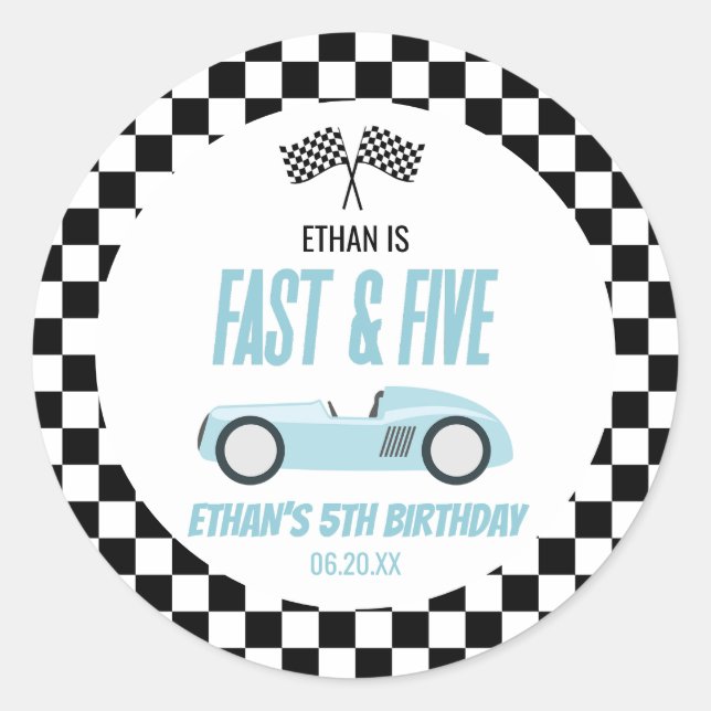 Sticker Rond Fast & Five Blue Race Car 5e fête d'anniversaire (Devant)
