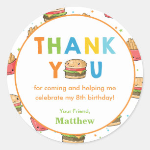 Sticker Rond Fast Food Burger Anniversaire Merci Fête Favoriser