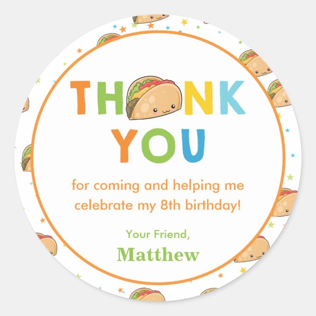 Sticker Rond Fast Food Taco Boy Anniversaire Merci de fête Favo (Devant)
