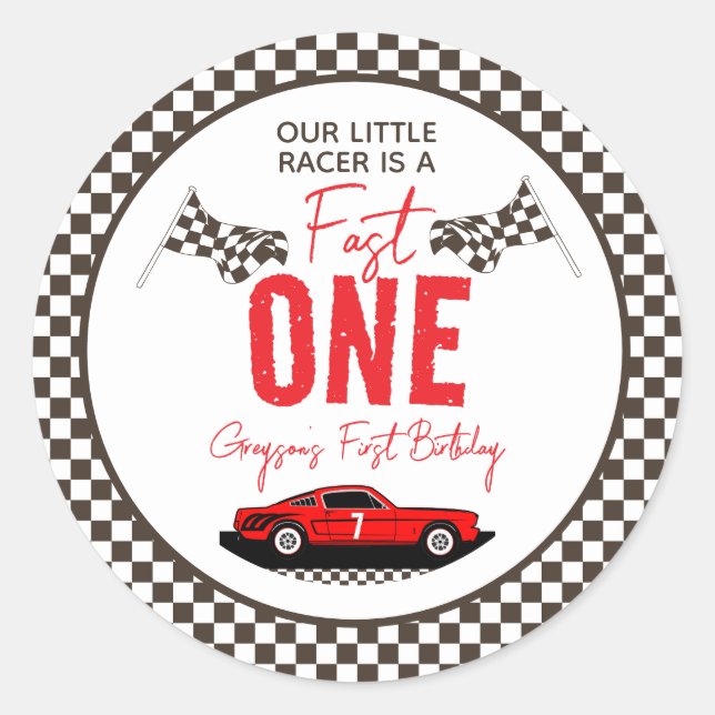 Sticker Rond Fast One Race Car Boy 1ère fête d'anniversaire (Devant)