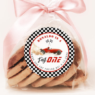 Sticker Rond Fast One Red race car Boy Birthday Merci