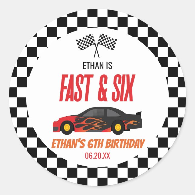 Sticker Rond Fast & Six Red Flame Race Car 6e fête d'anniversai (Devant)