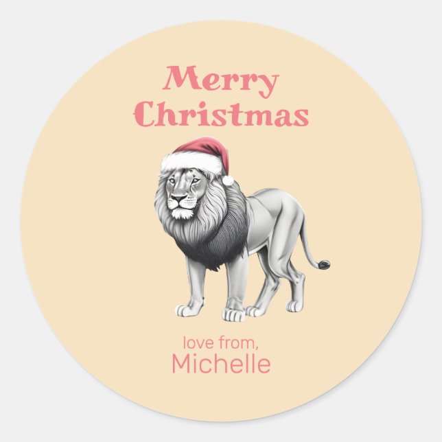 Sticker Rond Faune Safari Animal Lion Santa Hat Noël (Devant)