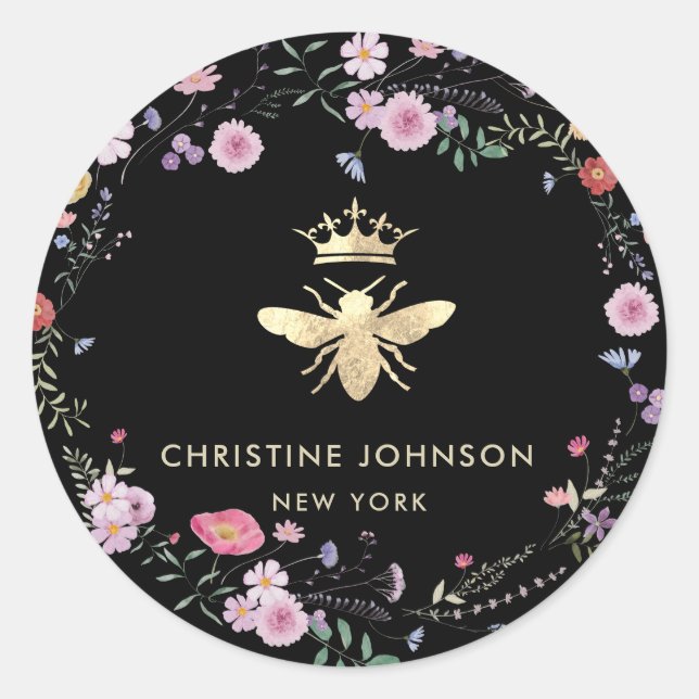 Sticker Rond fausse feuille d'or reine abeille fleurs sauvages (Devant)
