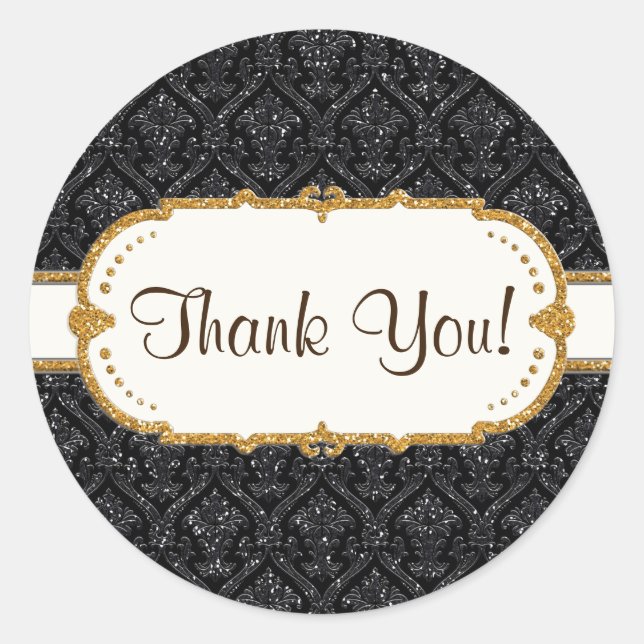Sticker Rond Faux Black Gold Parties scintillant Mariage damass (Devant)