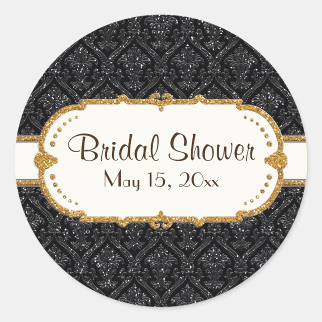 Sticker Rond Faux Black Gold Parties scintillant Mariage damass (Devant)