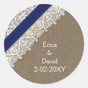 Sticker Rond FAUX bleu marine dentelle et burlap, phoques maria