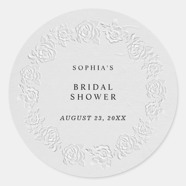 Sticker Rond Faux Embossed White Roses Bridal Shower (Devant)