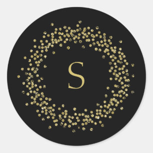 Sticker Rond Faux Gold Confetti en noir   Monogramme