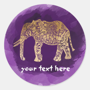 Sticker Rond faux gold elepher purple brusstroke