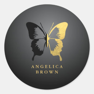 Sticker Rond Faux Gold Foil & Black Butterfly
