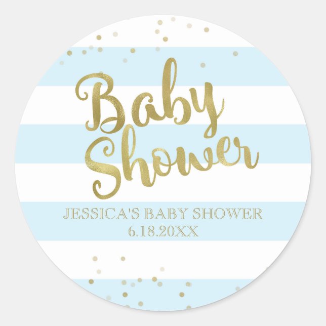 Sticker Rond Faux Gold Foil Blue Stripes Baby shower Garçon Fav (Devant)