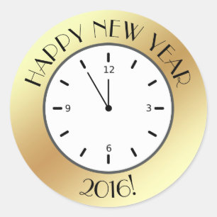 Sticker Rond Faux Gold Foil Horloge minuit Bonne année