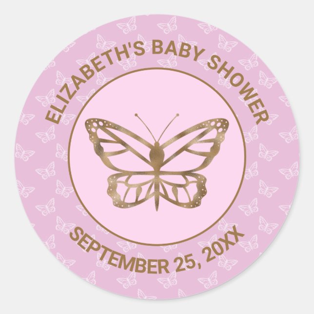 Sticker Rond Faux Gold Foil Look Papillon - Baby shower pourpre (Devant)