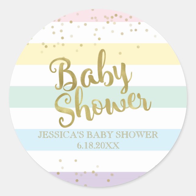 Sticker Rond Faux Gold Foil Rainbow Stripes Baby shower Favoris (Devant)