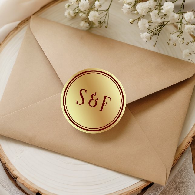 Sticker Rond Faux Gold Foil Rouge Mariage Monogramme Enveloppe  (Créateur téléchargé)