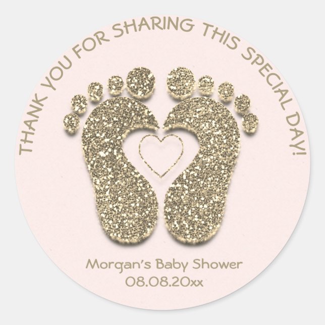 Sticker Rond Faux Gold Heart Pieds Baby shower Favoriser Remerc (Devant)