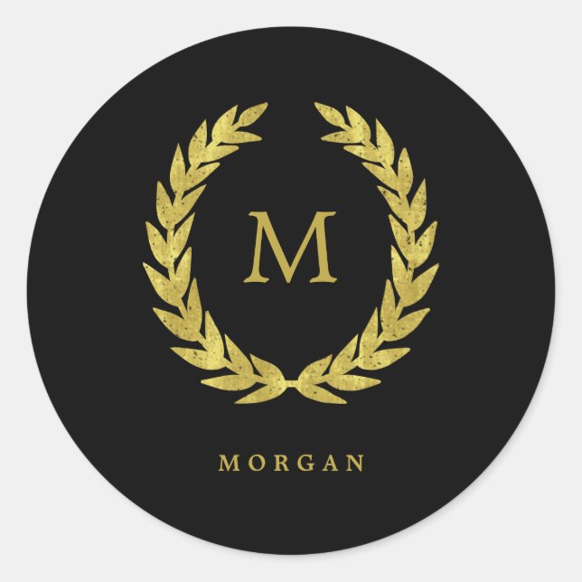 Sticker Rond Faux Gold Laurel Wreath sur noir avec Monogramme (Devant)