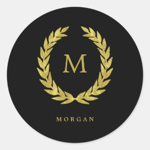 Sticker Rond Faux Gold Laurel Wreath sur noir avec Monogramme