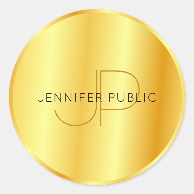 Sticker Rond Faux Gold Metallic Look Élégant Modèle Monogramme (Devant)