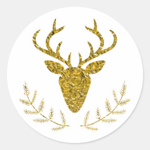 Sticker Rond Faux Golden Foil Tête de cerf de Noël texturée