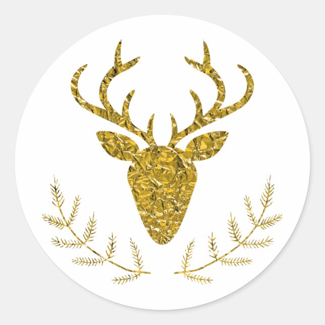 Sticker Rond Faux Golden Foil Tête de cerf de Noël texturée (Devant)
