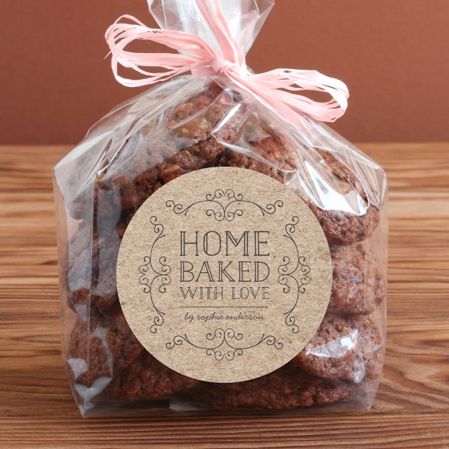 Sticker Rond Faux Kraft Rustique Flore Maison Cuite Avec Amour (Créateur téléchargé)