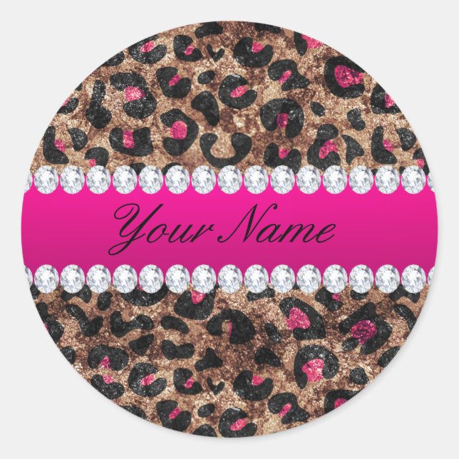 Sticker Rond Faux Leopard Rose rose chaud huile et diamants (Devant)