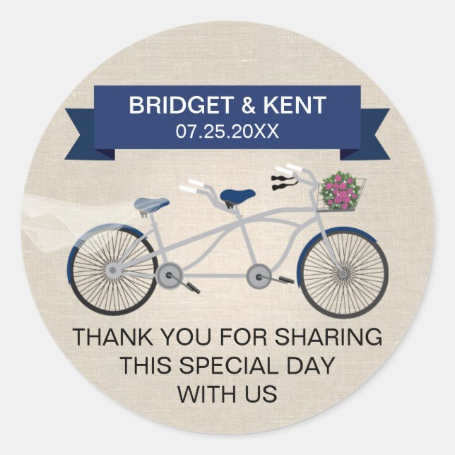 Sticker Rond Faux Linen Bleu foncé Tandem Mariage de vélo (Devant)