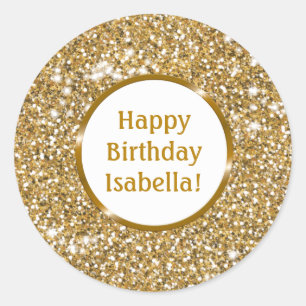 Sticker Rond Faux Or Jaune Paillettes Personnalisé Joyeux Anniv