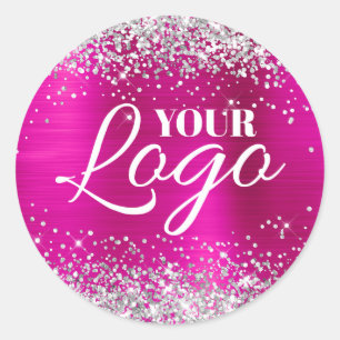 Sticker Rond Faux Pailleté Argent Magenta Rose Chaud Logo en Fe
