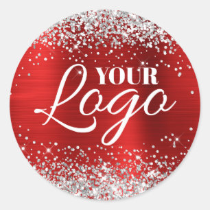 Sticker Rond Faux Paillettes Argent Rubis Rouge Logo en Feuille