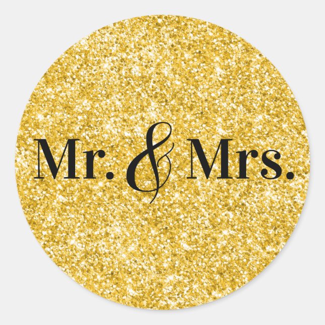 Sticker Rond Faux Paillettes Dorées Mariage M. & Mme (Devant)