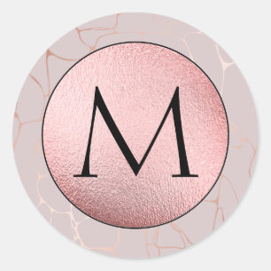 Sticker Rond Faux papier métallisé rose - Monogramme Marbre Ros