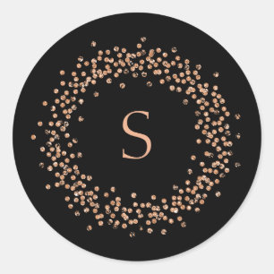 Sticker Rond Faux Rose Gold Confetti en noir Monogramme