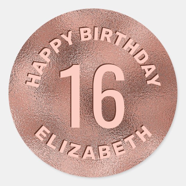 Sticker Rond Faux Rose Gold Foil Texture Joyeux anniversaire (Devant)