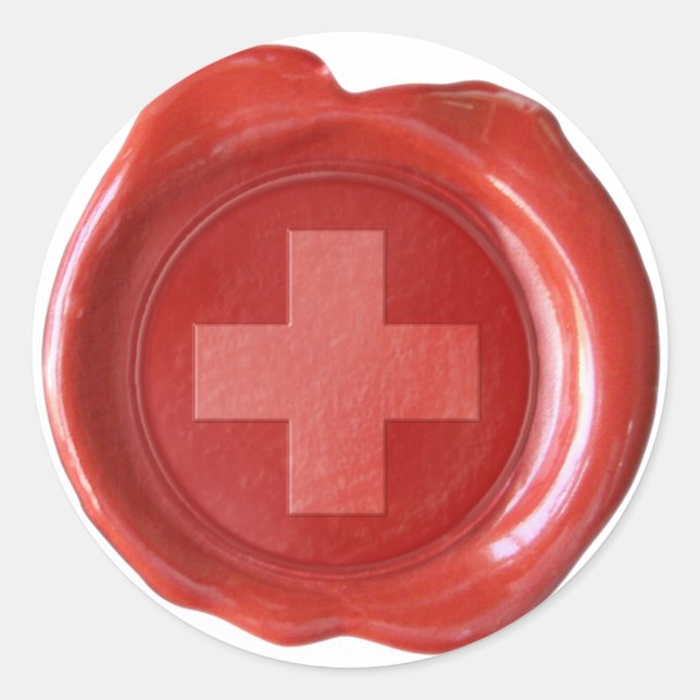 Sticker Rond FAUX SCEAU DE CIRE - ROUGE avec CROIX BLANCHE (Devant)