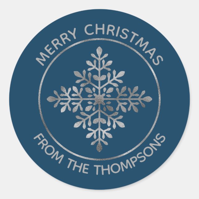 Sticker Rond Faux Silver Foil Flèche De Neige Sur Bleu (Pas Vér (Devant)