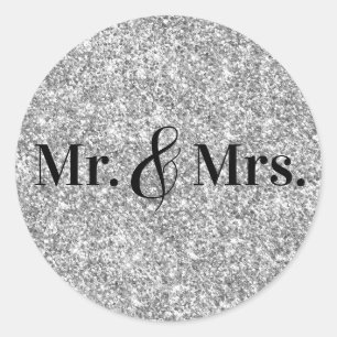 Sticker Rond Faux Silver Parties scintillant M. & Mme Mariage