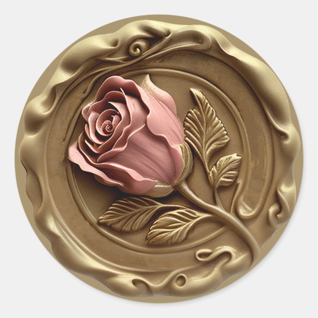 Sticker Rond Faux Wax Stamp Envelope Seal Gold Pink Rose Flower (Devant)