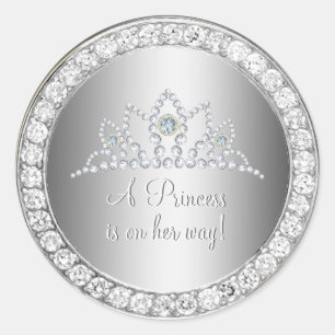 Sticker Rond Faveur argentée de baby shower de princesse Tiara