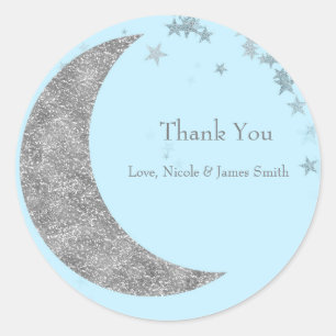 Sticker Rond Faveur Bleue Baby Shower Lune et Étoiles Argentées