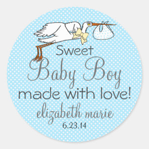 Sticker Rond Faveur bleue de baby shower de cigogne