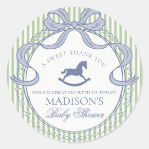 Sticker Rond Faveur de Baby Shower Cheval à Bascule Ruban Vert