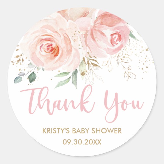 Sticker Rond Faveur de Baby Shower de Mariage Rose Pâle Floral  (Devant)