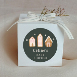 Sticker Rond Faveur de Baby Shower Fille Maison en Pain d'Épice